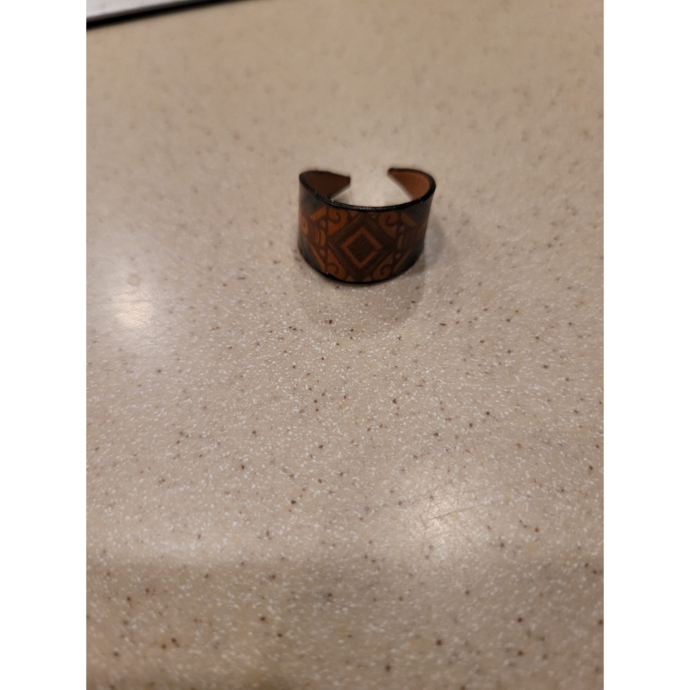 Handmade Tooled Leather Geometric Diamond Wide Band Cuff Ring Brown Black Boho
